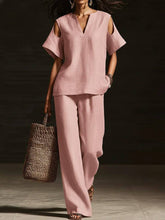 Load image into Gallery viewer, V-Neck Short Sleeve Top &amp; Straight-Leg Pants Set – Ripped Detail, Pockets, Solid Color