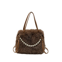 Load image into Gallery viewer, Women's Furry Tote Bag with Pearl Chain Shoulder Strap - Soft Faux Fox Fur Square Handbag