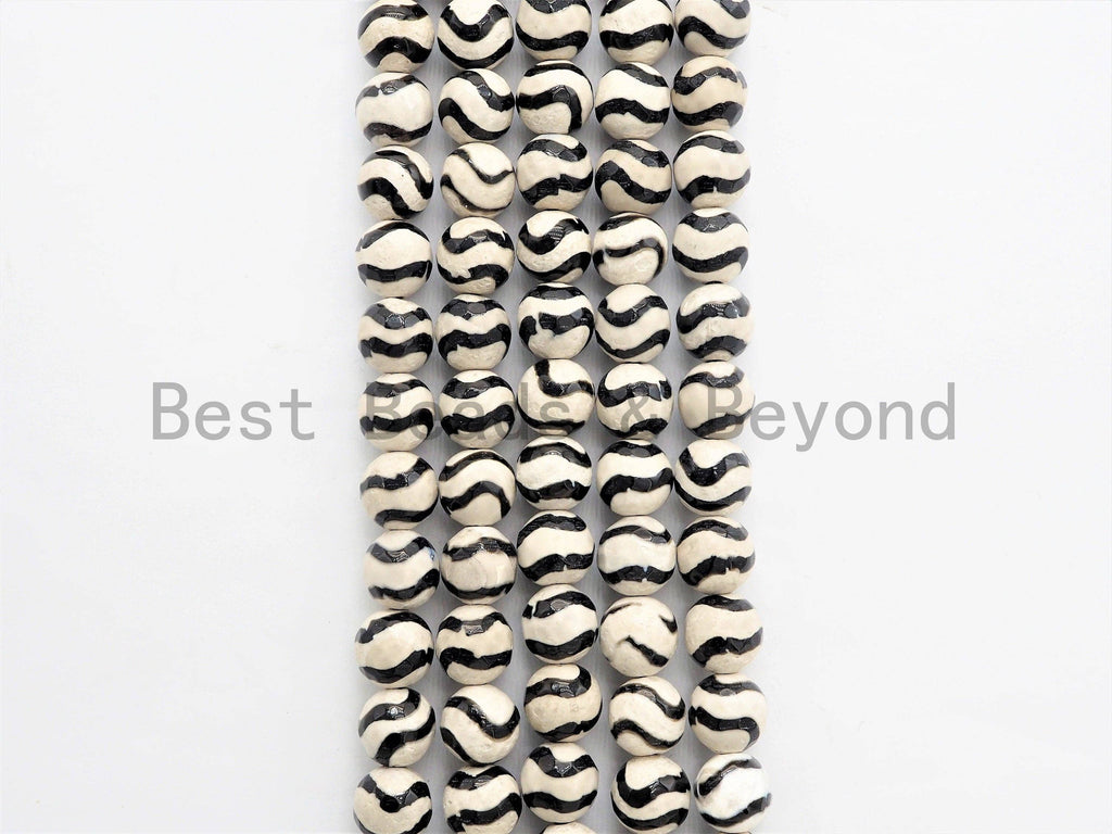 Dzi Black Band Faceted Round Beads,  Zebra Striped Tibetan A