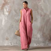 Load image into Gallery viewer, Linen Blend Sleeveless Stand-Collar Jumpsuit – 5 Colors S–3XL