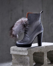 Load image into Gallery viewer, The Melo Gray Leather Natural Fur Mid Calf Platform Heel Women Boot
