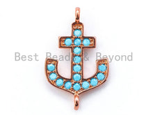 Load image into Gallery viewer, CZ Turquoise Micro Pave Anchor Connector, Blue CZ on Gold/Silver/Rose Gold/Gunmetal Bracelet Necklace Charm,14x23mm, sku#M100