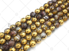 Load image into Gallery viewer, Half Gold Plated Brown Agate Beads, 8mm/10mm/12mm Round Faceted Gold Brown Banded Agate Beads, 15.5 Full Strand, sku# UA138