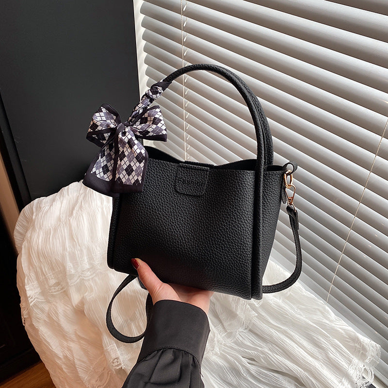 Women's Quilted Bucket Bag with Silk Scarf - PU Leather Crossbody Handbag