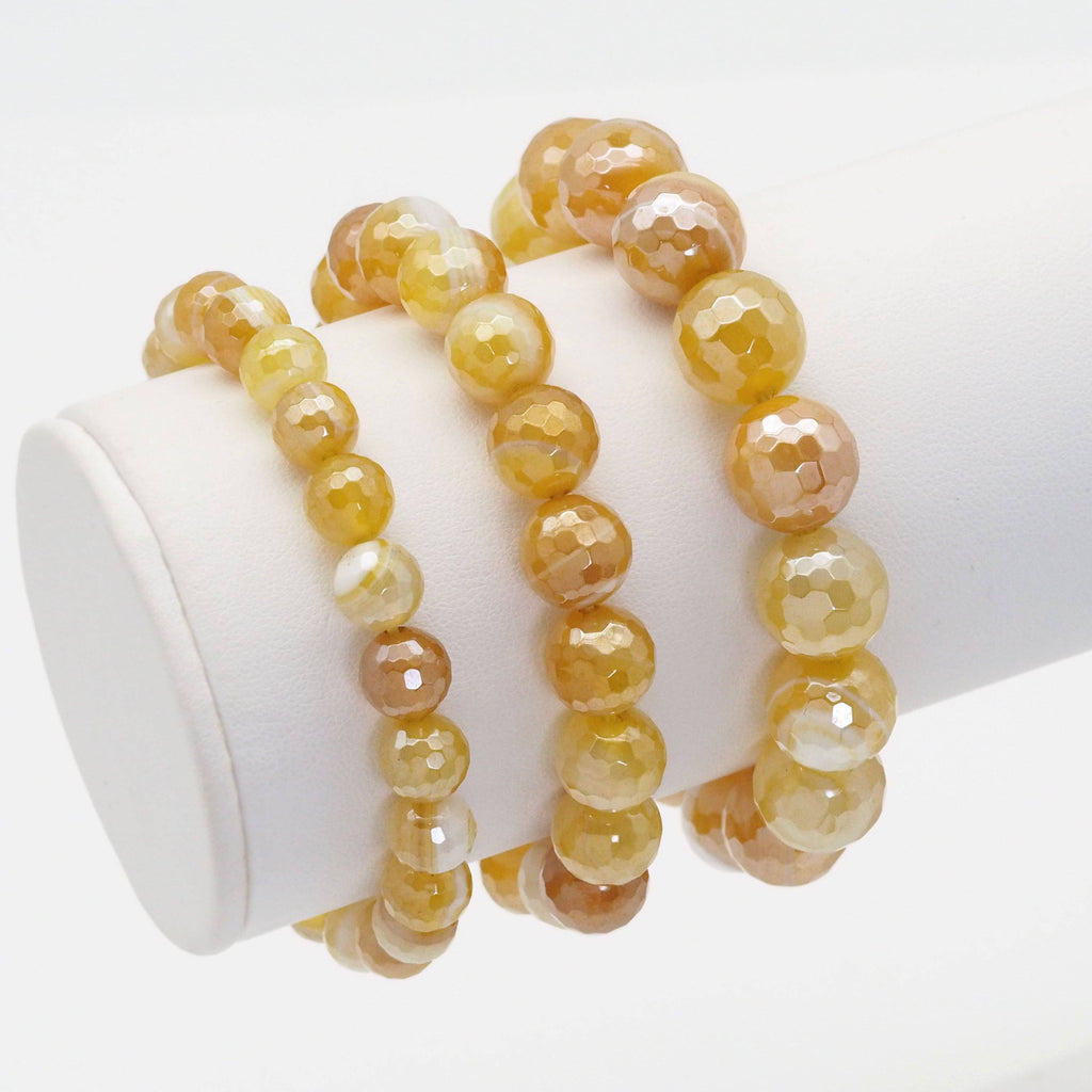 Mystic Yellow Banded Agate Round Faceted Stretchy Bracelet,