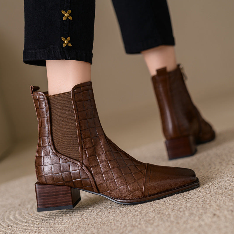 Retro Woven Square-Toe Chunky-Heel Women's Full-Grain Leather Boots with Elastic Side Panels