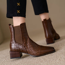 Load image into Gallery viewer, Retro Woven Square-Toe Chunky-Heel Women's Full-Grain Leather Boots with Elastic Side Panels