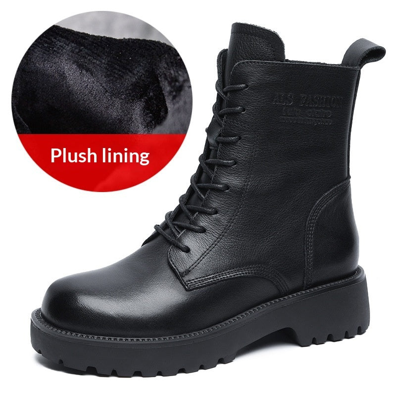 Women's Genuine Leather Chunky Heel Ankle Boots | Fleece-Lined Side Zipper | British Style