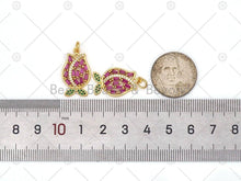 Load image into Gallery viewer, Fuchsia CZ Micro Pave Tulip Flower with Green CZ Leaf Shape Pendant,18K Gold Filled Charm, Necklace Bracele Pendant, 23x14mm, Sku#LK468