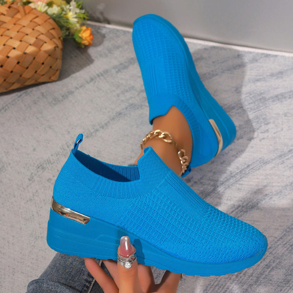 Women's Flyknit Mesh Breathable Wedge Sneakers | Slip-On Platform Casual Shoes
