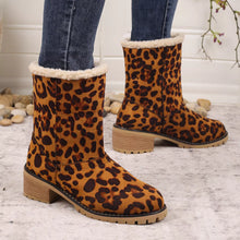 Load image into Gallery viewer, Women's Leopard Print Plush Lined Boots | Mid Heel Slip-On Suede Boots with Warm Faux Fur Lining