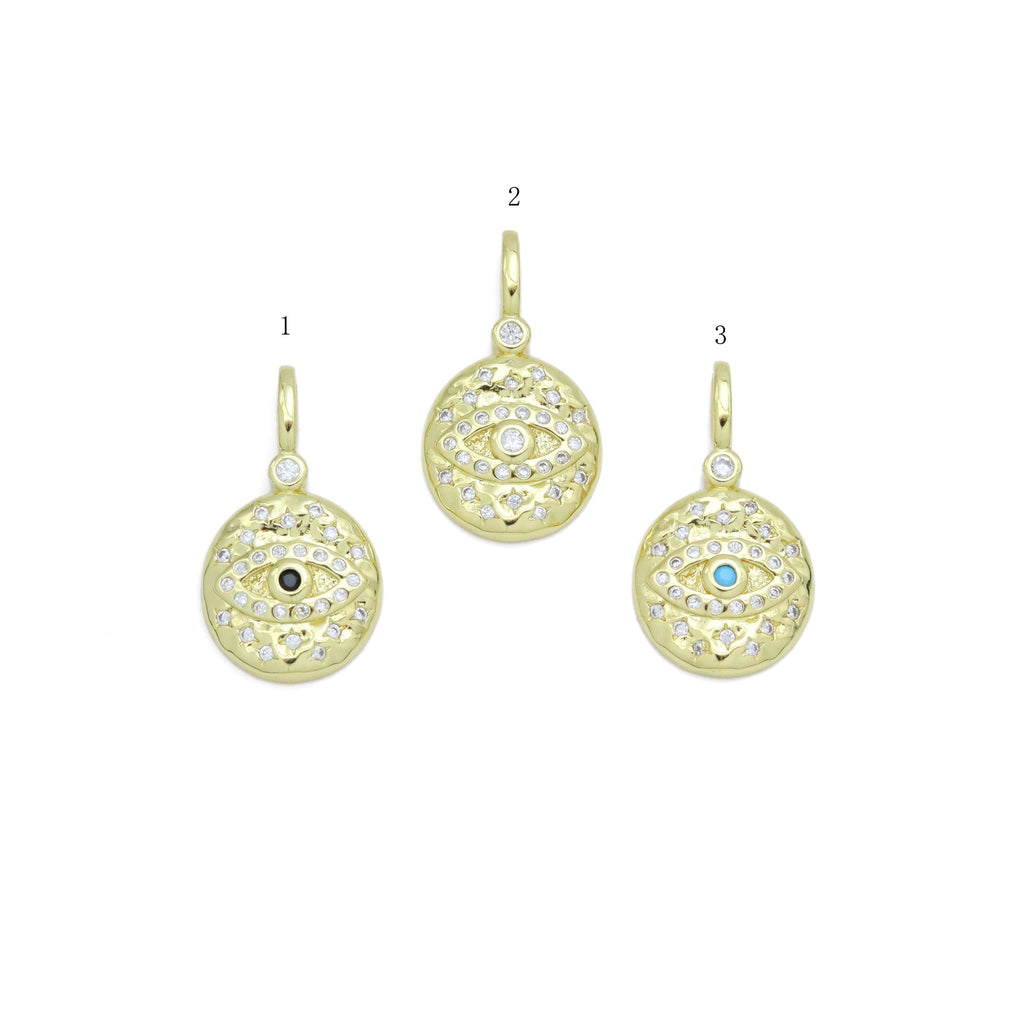 Hammered CZ Pave Evil Eye Coin Charm Pendant, Sku#LX575