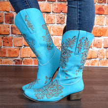 Load image into Gallery viewer, Women's Embroidered Ethnic Mid-Calf Boots - Comfortable Chunky Heel Square Toe
