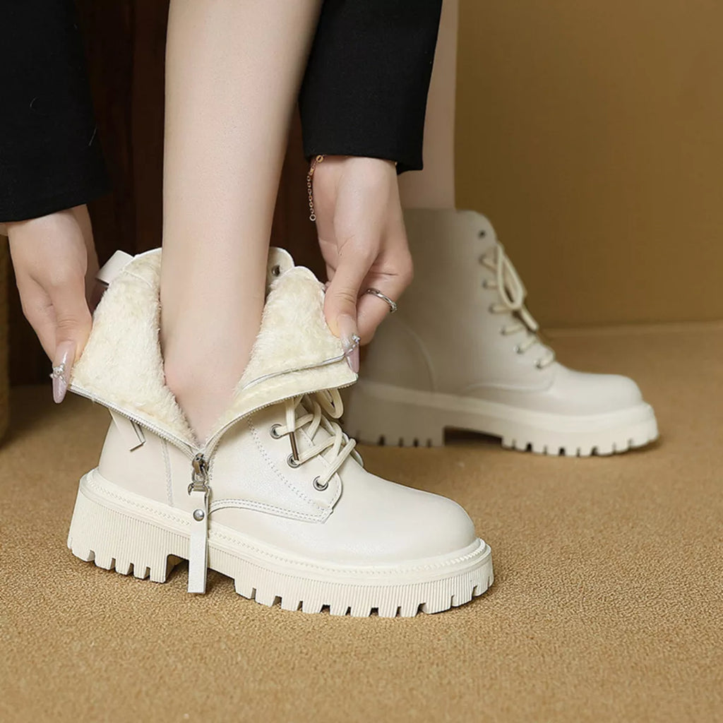 Women's Lace-Up Ankle Combat Boots – Mid Heel PU Leather