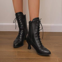 Load image into Gallery viewer, Women's Vintage Renaissance Lace-Up Ankle Boots - Low Heel Booties with Side Zipper