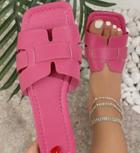 Load image into Gallery viewer, Women's Square Toe Flat Sandals | Hollow Cutout Slides PU Snakeskin