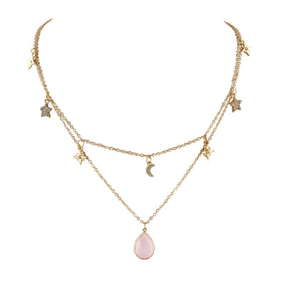 Fashion Double layer Gold Chain Rhinestone Star Moon Water Drop Pendant Necklace