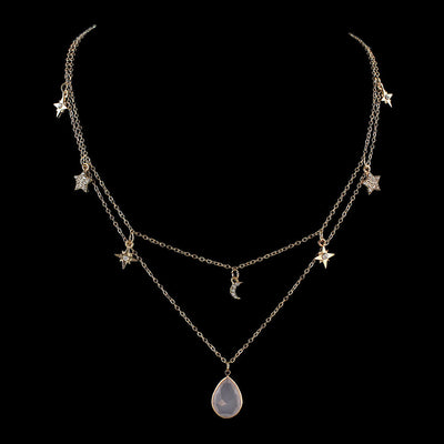 Fashion Double layer Gold Chain Rhinestone Star Moon Water Drop Pendant Necklace