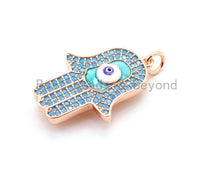 Load image into Gallery viewer, CZ Micro Pave Turquoise Hamsa Hand With Evil Eye Pendant/Charm,Cubic Zirconia Pendant,Fashion Jewelry Findings, 18x28mm, sku#F18