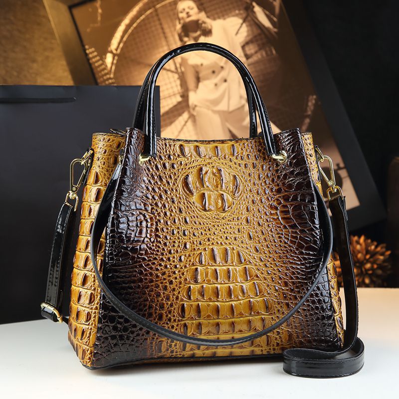 Crocodile-Print Women's Shoulder Bag - Textured PU Leather Handbag with Metal Accents