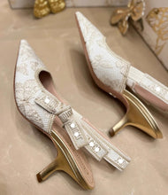 Load image into Gallery viewer, Women's Gold Bow Strap Pointed Toe High Heel Sandals - Elegant Party Heels