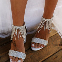 Load image into Gallery viewer, Women's Rhinestone Chunky Heel Sandals | Chain Strap Peep Toe Heels