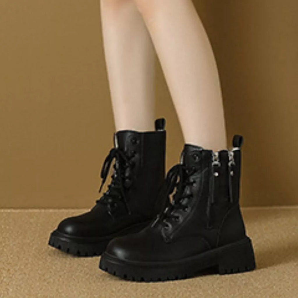 Women's Lace-Up Ankle Combat Boots – Mid Heel PU Leather