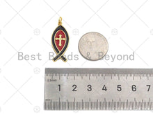 Load image into Gallery viewer, 18K Gold Cross On Red/Black Enamel Fish Shape Pendant,Enamel Charm,Enamel Jewelry,13x31mm,Sku#LK303