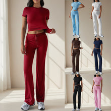 Load image into Gallery viewer, Crew Neck Short Sleeve Top &amp; Full-Length Pants Set – Solid Color, 10 Colors