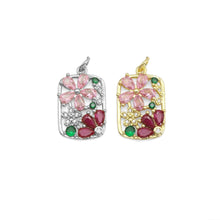 Load image into Gallery viewer, Colorful CZ Gold Flower On Rectangle Charm, Sku#LK336
