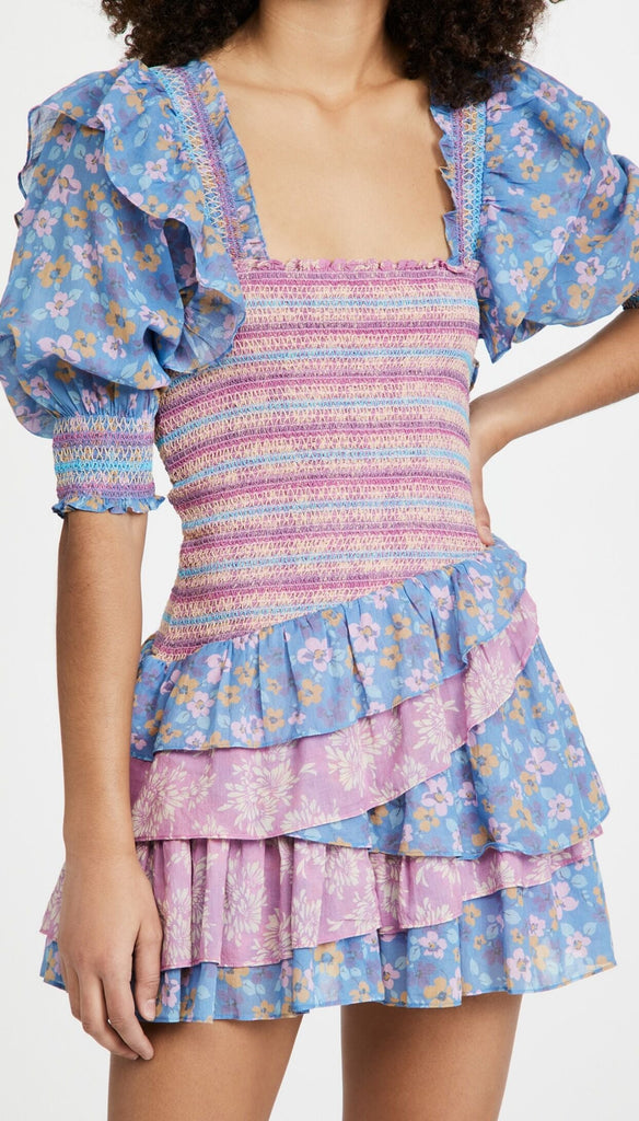Early Spring Women Clothing Square Collar Ruffled Design Printed Dress for Women Smocked Patchwork Macthing