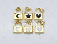 Load image into Gallery viewer, Enamel Cresent Moon/Five Point Star/Heart On Gold Lock Shape Pendant, 18K Gold Filled Lock Charm,Necklace Bracelet Charm,Sku#LK505
