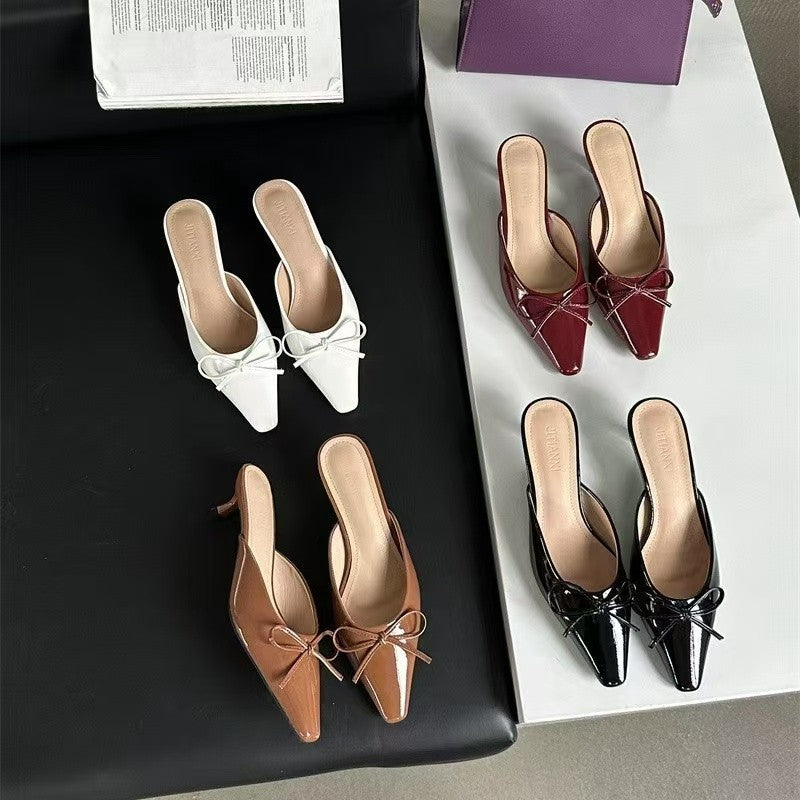 Women's Low-Heel Bow Slippers - Elegant Square Toe Roman Style Shoes
