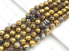 Load image into Gallery viewer, Half Gold Plated Brown Agate Beads, 8mm/10mm/12mm Round Faceted Gold Brown Banded Agate Beads, 15.5 Full Strand, sku# UA138