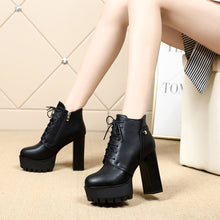 Load image into Gallery viewer, Chunky Heel Platform Boots for Women - Mid-Calf Pointed Toe Boots with Side Zipper