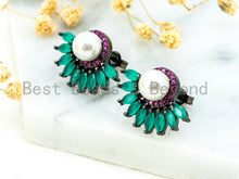 Load image into Gallery viewer, Pearl and CZ Flower Stud Earrings, Sku#O47