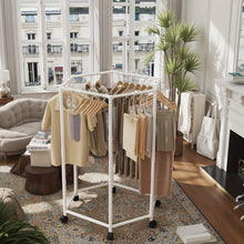 Load image into Gallery viewer, 360° Rotating Freestanding Clothing Rack – Hexagonal Carbon Steel Organizer with Wheels