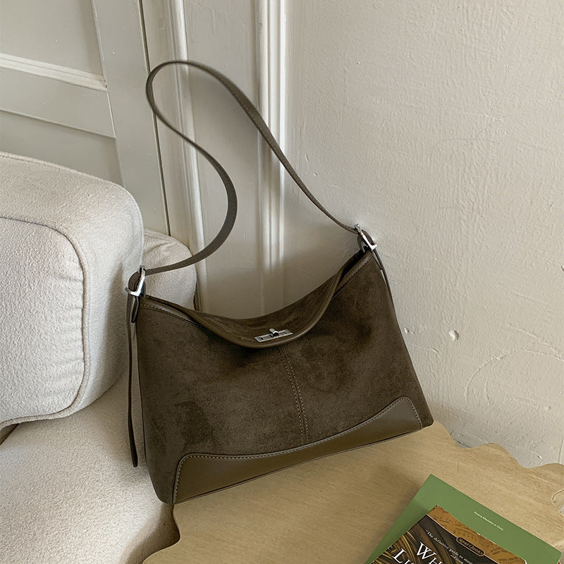 Women's Suede Bucket Crossbody Bag – Lock-Clasp Shoulder Bag with Double Straps