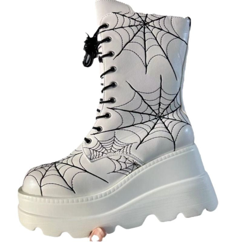 Women's Wedge-Heel Spiderweb Mid-Calf Boots | Plus Size | PU Leather | Side Zipper
