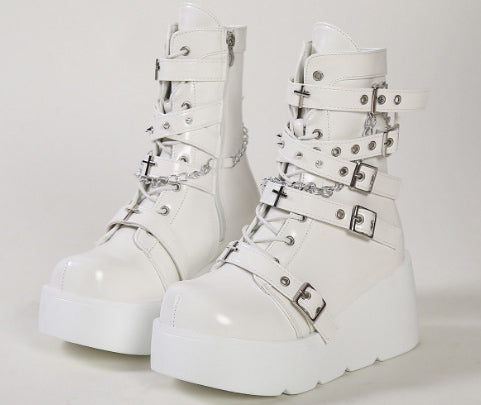 Women's Chunky Round-Toe Dr Martens Style Platform Boots | Side Zipper Wedge Heel