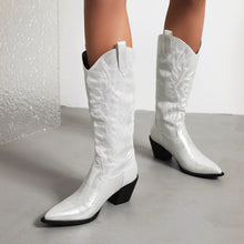 Load image into Gallery viewer, Women's Tall Western Boots – Embroidered Sequin Chunky Heel High Boot | Black, White &amp; Pink