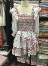 Load image into Gallery viewer, Early Spring Women Clothing Square Collar Ruffled Design Printed Dress for Women Smocked Patchwork Macthing