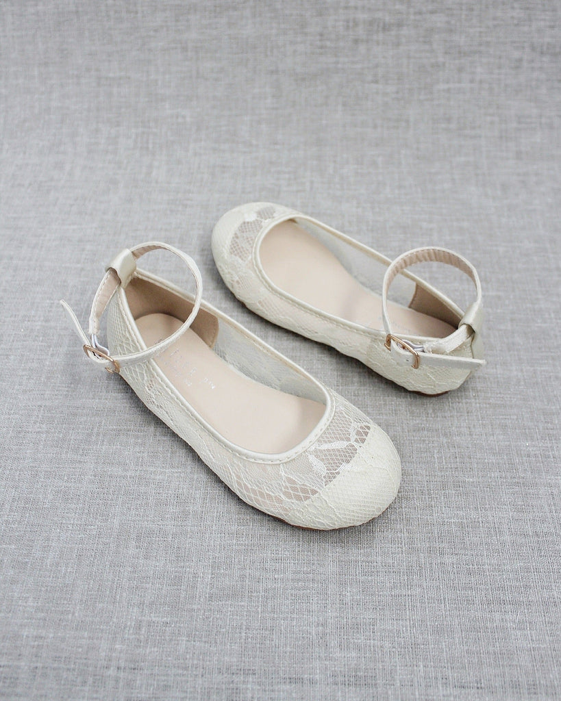 Ivory New Lace Ballet Flats with Ankle Strap