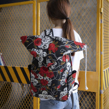 Load image into Gallery viewer, Skull &amp; Rose Hooded Canvas Backpack – Women's Retro Gothic Travel Bag