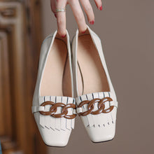 Load image into Gallery viewer, Fringed Chunky Heel Peep-Toe Leather Shoes with Chain Detail - Women's Mid Heel Slip-On Dress Shoes