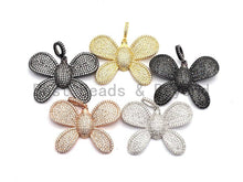 Load image into Gallery viewer, CZ Clear/Black Micro Pave Butterfly Flower Pendant, Cz Pave Pendant, Gold/Rose Gold/Silver/Gunmetal plated, 29x39mm, Sku#F773