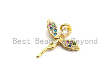 Load image into Gallery viewer, CZ Colorful Micro Pave Fairy Charm/Pendant, Angel Wing Lady Pave Pendant, Gold plated, 16x17mm, Sku#F751