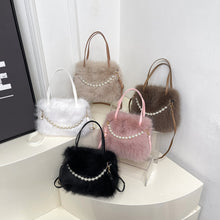 Load image into Gallery viewer, Women's Furry Tote Bag with Pearl Chain Shoulder Strap - Soft Faux Fox Fur Square Handbag