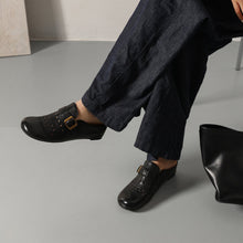 Load image into Gallery viewer, Women's Perforated Cowhide Buckle Mules | Round Toe Flat Backless Slides