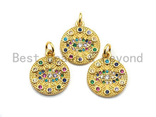 Load image into Gallery viewer, CZ Colorful Micro Pave Round  Gold With Evil Eye Pendant, Coin Shaped Pave Pendant, Gold plated, 15x17mm, Sku#F867
